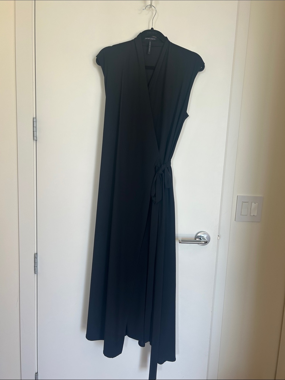 Sarah Pacini Black Sleeveless Wrap Maxi Dress with Side Tie